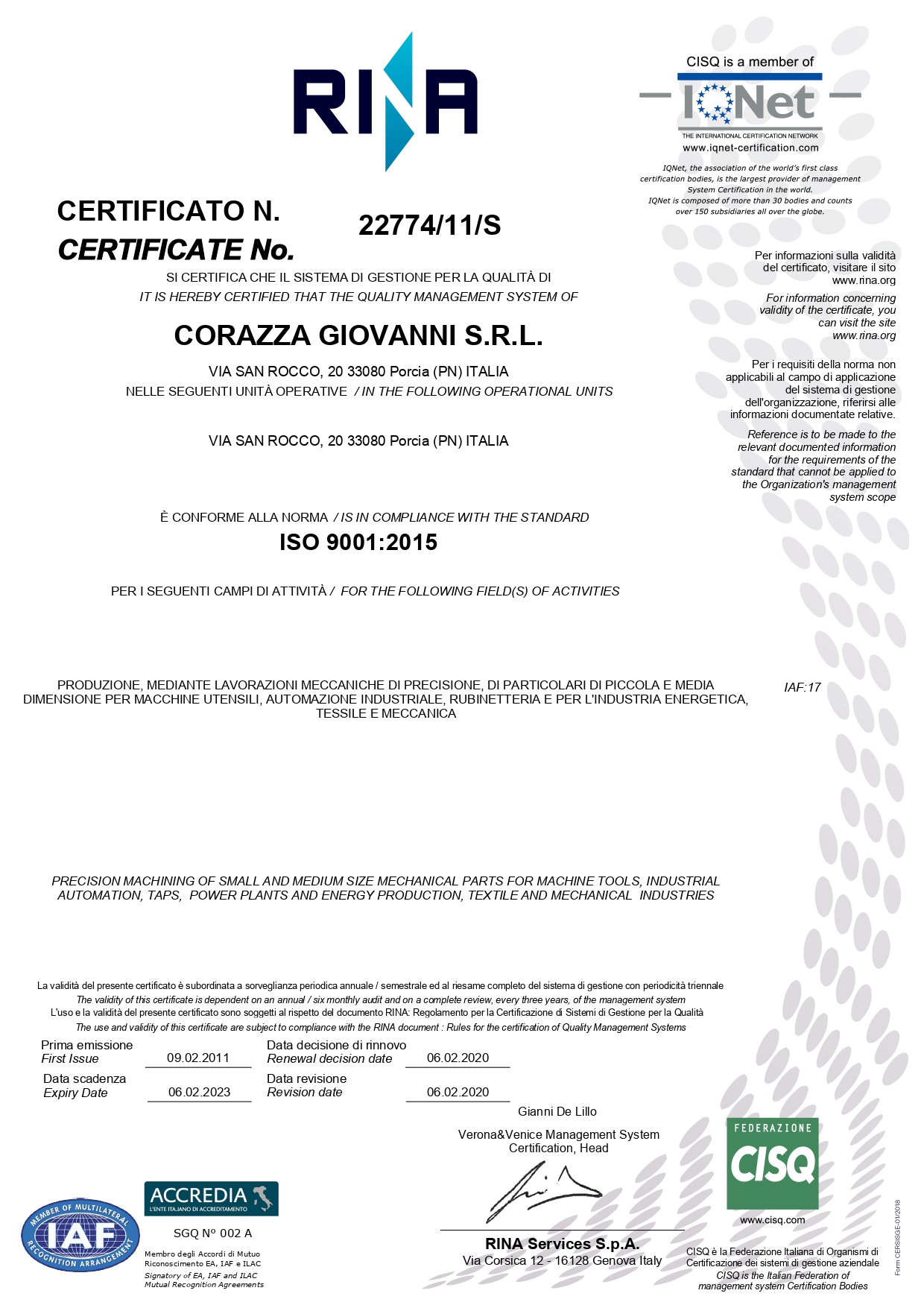 Rina Certificato 2020 Corazza Giovanni srl - Quality Manager System