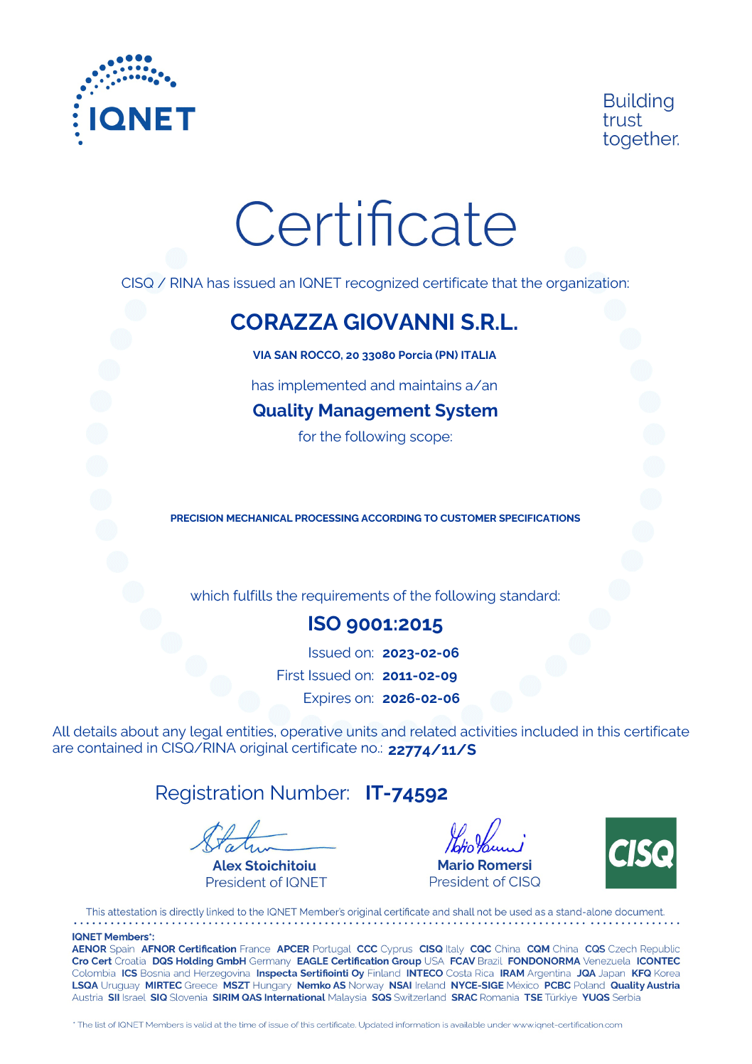 IQNET Certificato 2025 Corazza Giovanni srl - Quality Manager System