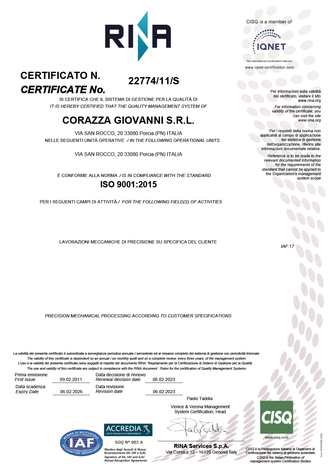 Rina Certificato 2025 Corazza Giovanni srl - Quality Manager System