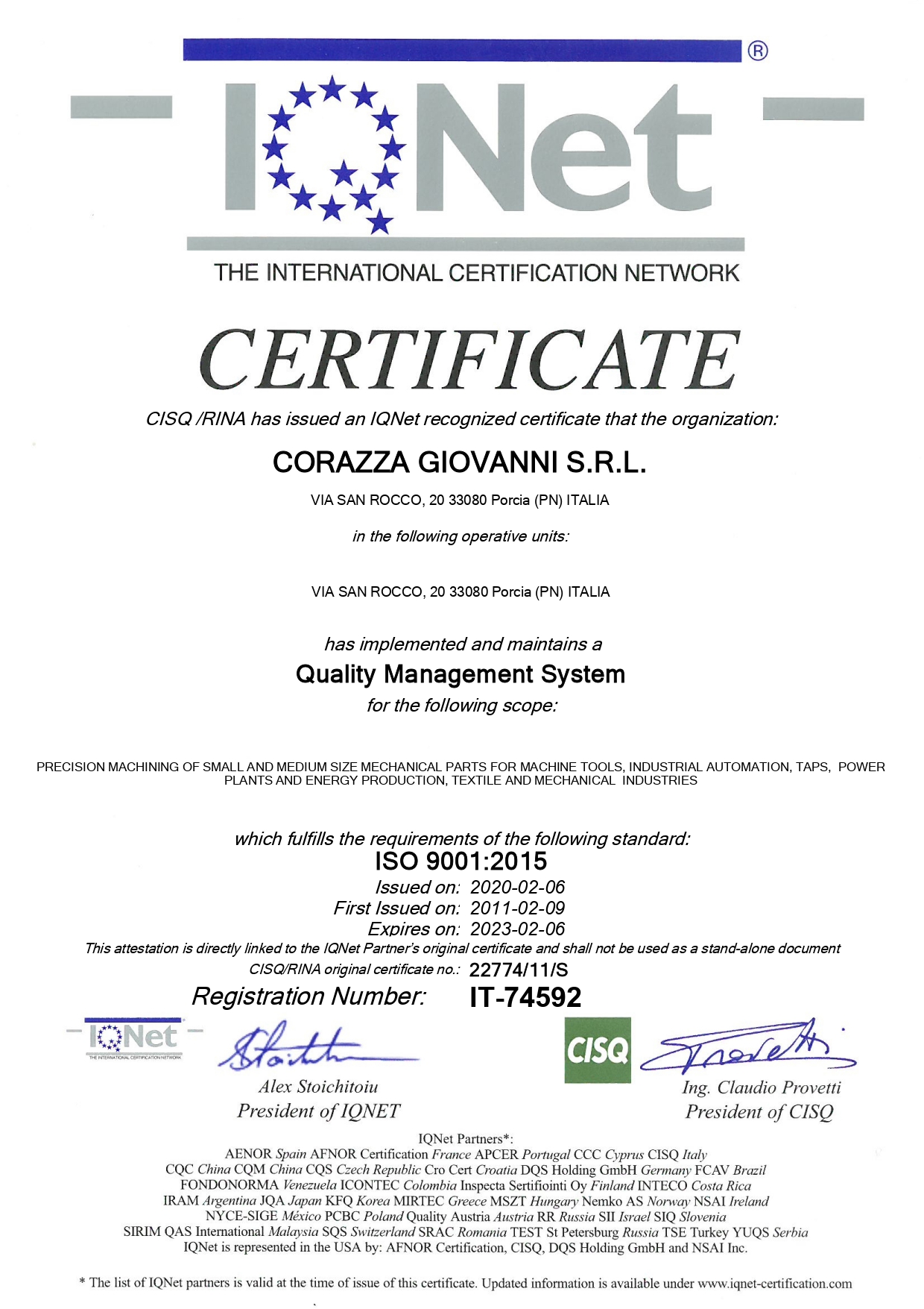 IQNET Certificato 2020 Corazza Giovanni srl - Quality Manager System